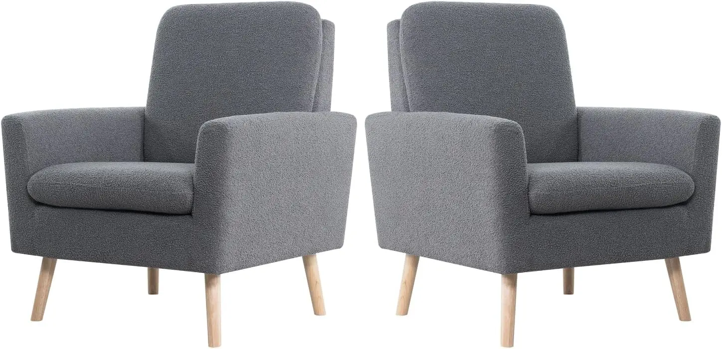 Fauteuil moderne Frida du milieu du siècle, chaise d'appoint en polaire gris avec pieds en chêne, cadre en bois durable pour le salon ou la chambre à coucher