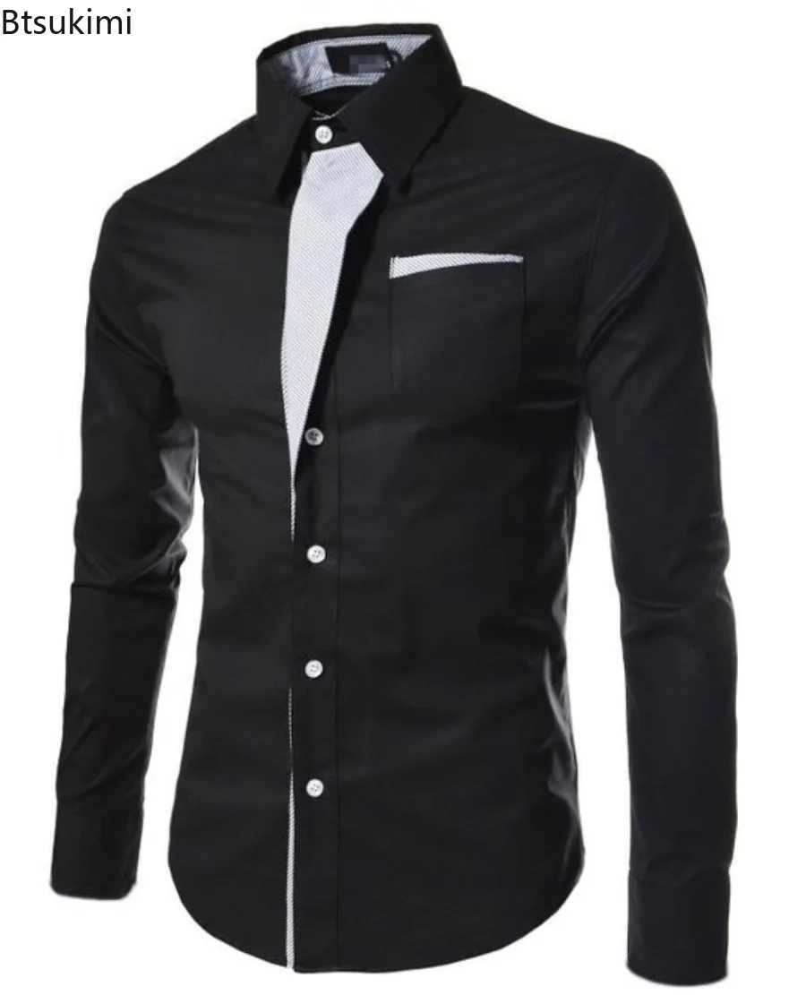 New 2025 Men's Patchwork Long Sleeve Shirts Fashion Slim Business Casual Shirts Striped Colorblock Design Male Blouse Streetwear