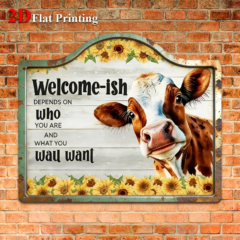 1pc 2D Flat Sign Artwork Depicting An Adorable Cow And Sunflowers, Accompanied By The Phrase 'Welcome-Ish Depends