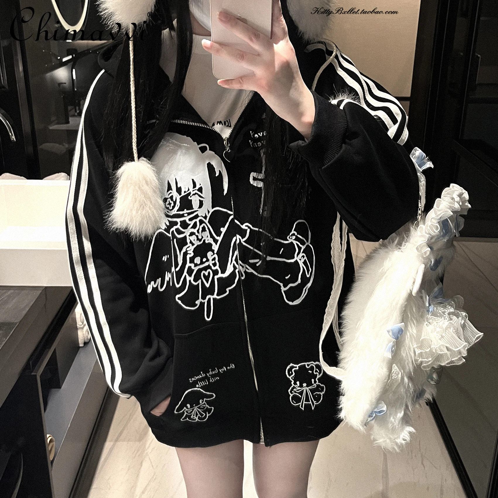 Original Subculture Loose Hooded Pattern Zipper Sweatshirt Spring Autumn New Fashion Long-sleeved Loose Kawaii Student Hoodies