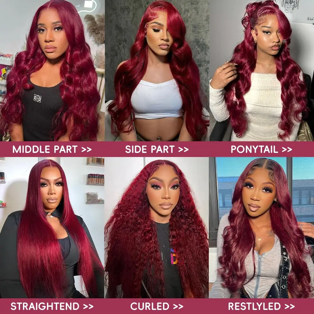 Peruca de Cabelo Humano com Renda Frontal HD 13x4, 44-46 Polegadas, Cor 99J, Ondas Corporais, Burgundy, Perucas Vermelhas para Mulheres