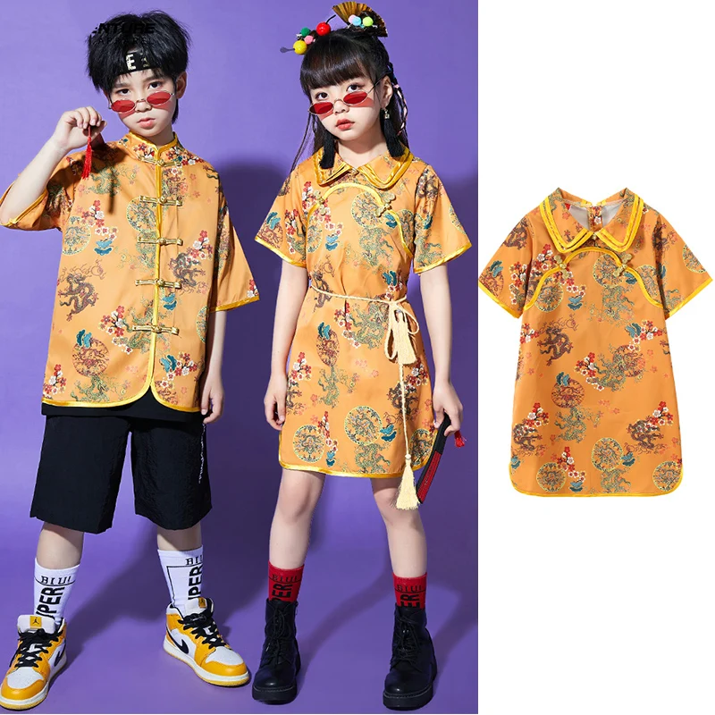 

Chinese Style Jazz Dance Outfit Kids Catwalk Show Stage Costume Cheerleading Clohing Boys Hip Hop Clothes Girls Cheongsam YS4826