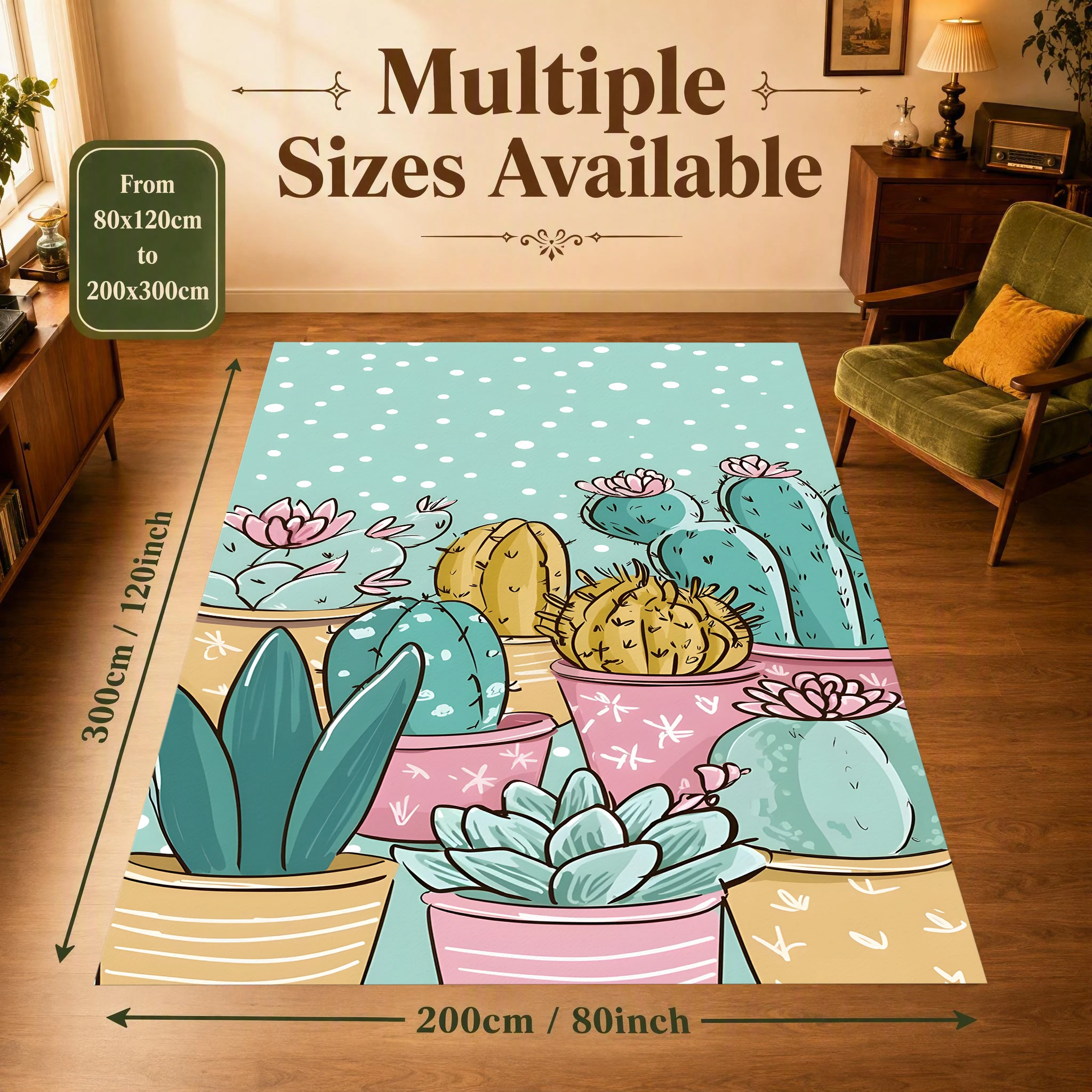2D Large Carpet Cartoon Hand Painted Cactus Fresh Soothing for Living Room Bedroom