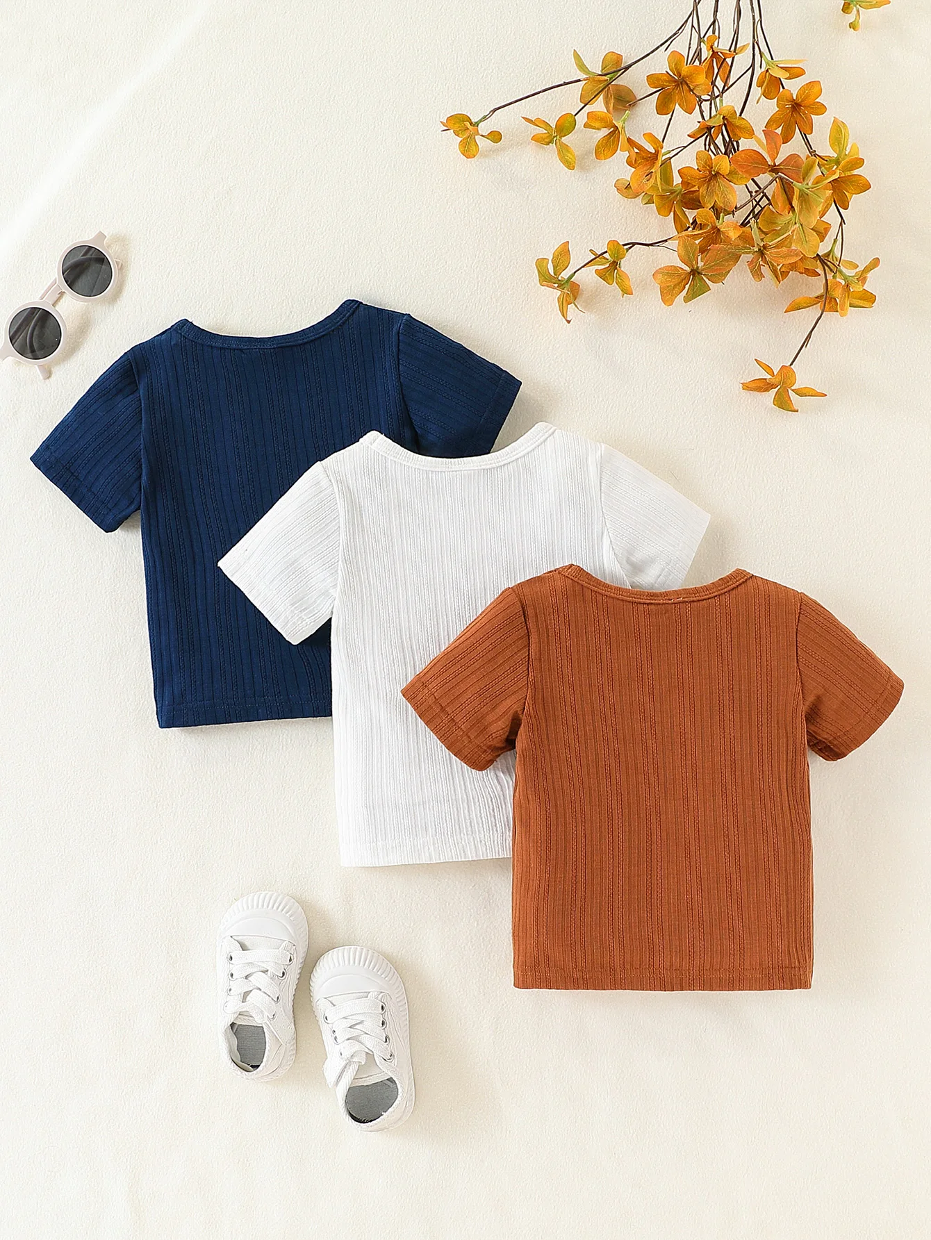JOPGEEY 3-Piece Baby Boys' Casual Wear Combination Set Breathable Knitted round Neck Top with Button Decoration for Summer