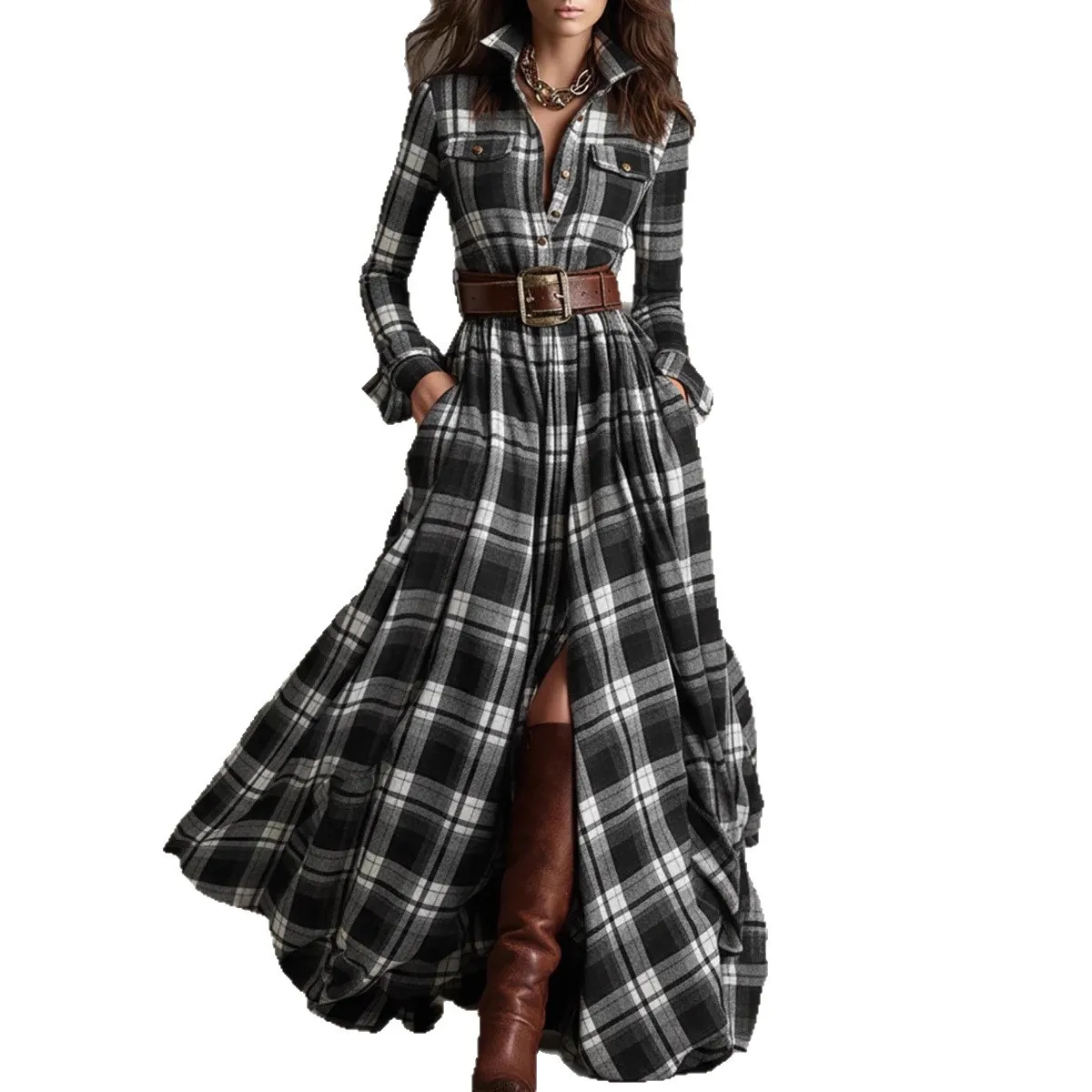 Retro Plaid Print Dresses Autumn Elegant Casual Turn-down Collar Button Shirt Maxi Dress Woman Long Sleeve Pocket Boho Dress