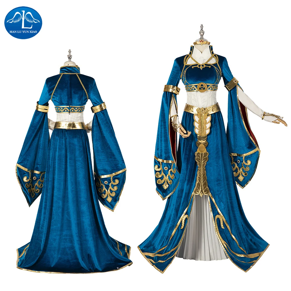 The Legend Costume of Zelda Princess Zelda Cosplay Costume Blue Velvet Princess Dress Woman Long Dress Full Set Size