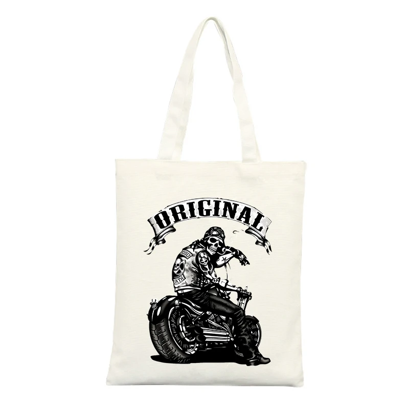 Men's Skull and Motorcycle Graphic Canvas Tote Bag, Vintage Style for Casual Outings and Daily Use