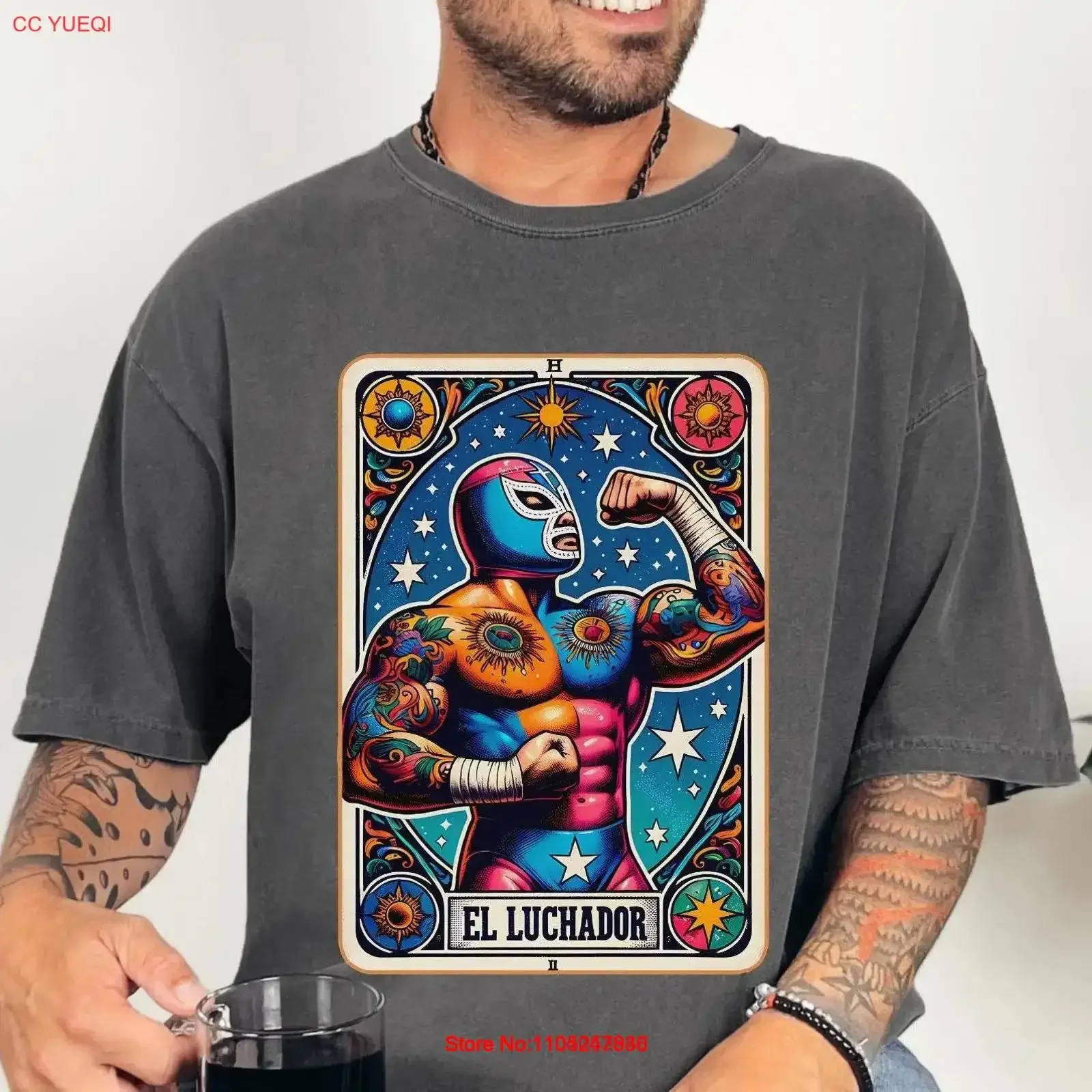 Camiseta El Luchador Tarot Card, Camiseta de Luchador Mexicano, Lucha Libre, Máscara Vintage, Lavada, Transpirable, Gráfica, Versátil