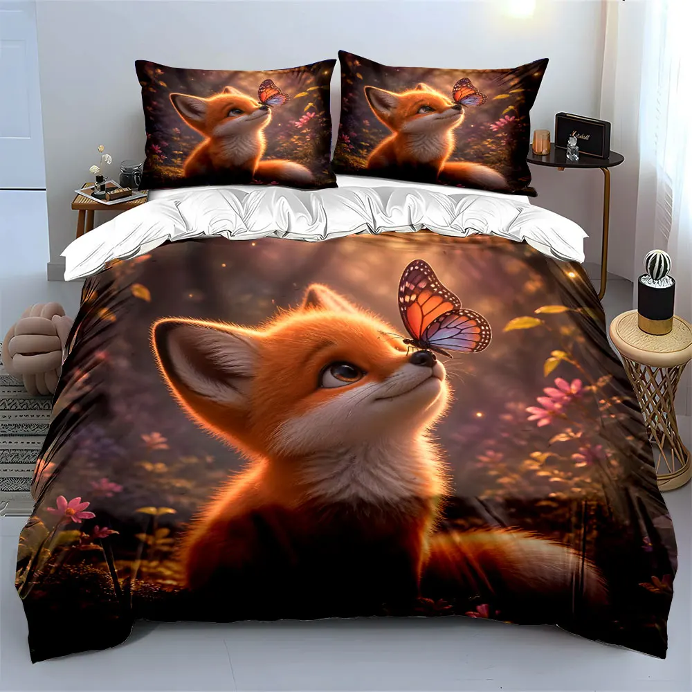 Adorable fox and butterfly encounter Print Bedding set 3PC 1 duvet cover 2 pillowcases adult and children bedding set Luxury