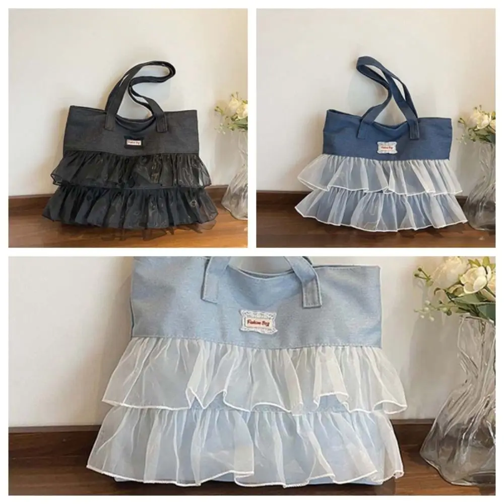 حقيبة التخزين المحمولة الدنيم الأزرق حمل حقيبة سعة كبيرة الكورية نمط الدنيم الدانتيل حقيبة يد تنوعا الأسود تحت الإبط حقيبة الصيف