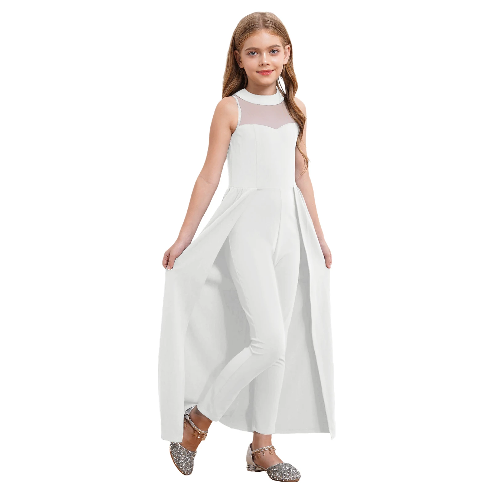 Girls One Piece Dress Style Jumpsuit with Split Overlay Sleeveless Mesh Splice Rompers Culottes for Birthday Evenings Party Wear