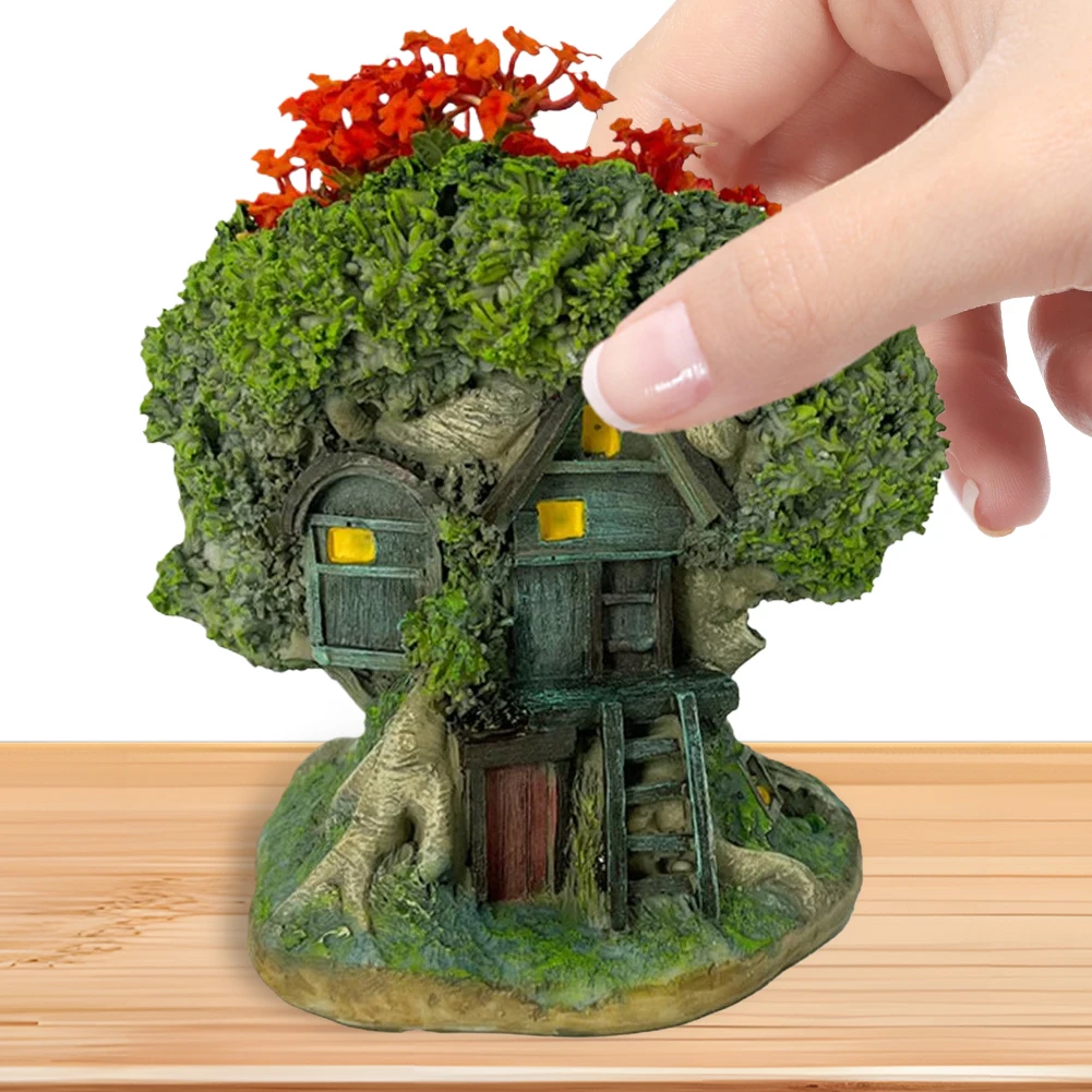 

Tree House Flower Pot Bonsai Pot Decorative Forest House Planter Pot Resin Desktop Plant Pot Multi-Function for Indoor Decor