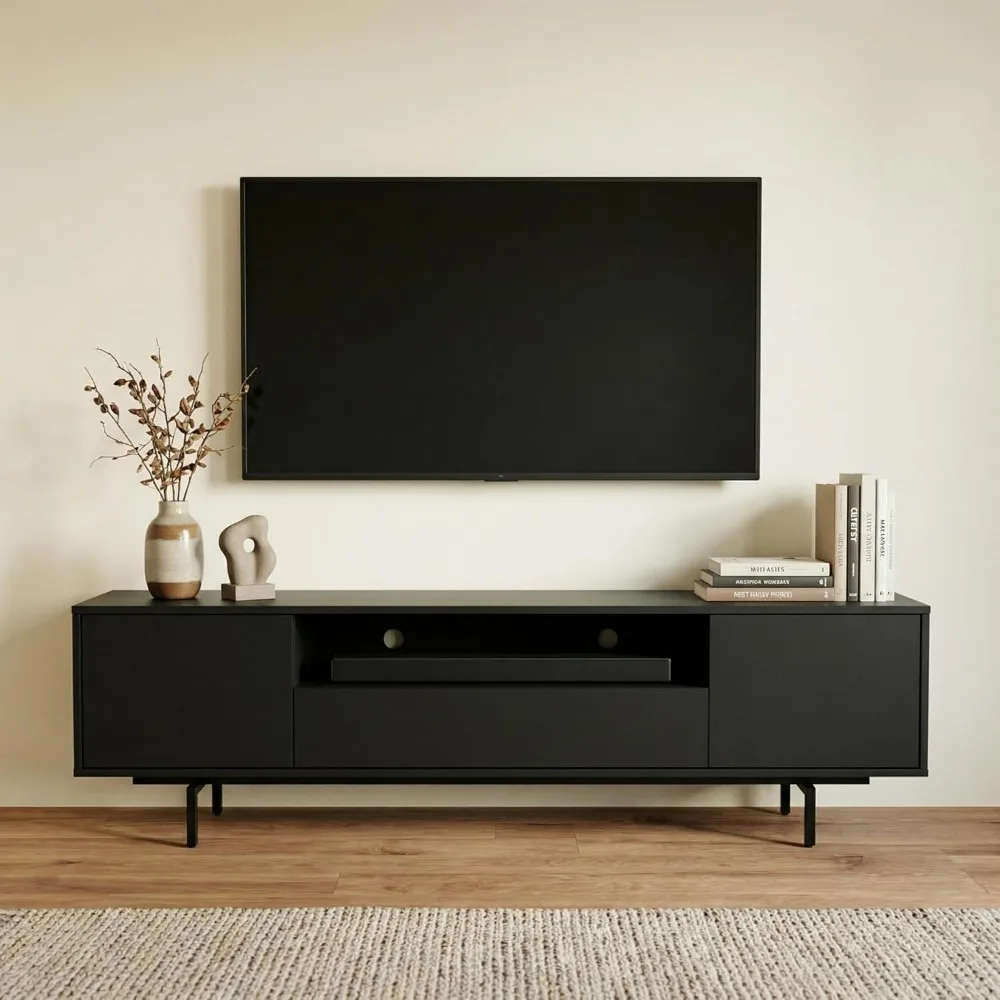 75 Inch Mid Century Modern TV Stand Tool Free Assembly Three Door Storage Cabinet Black 20 Inch Height