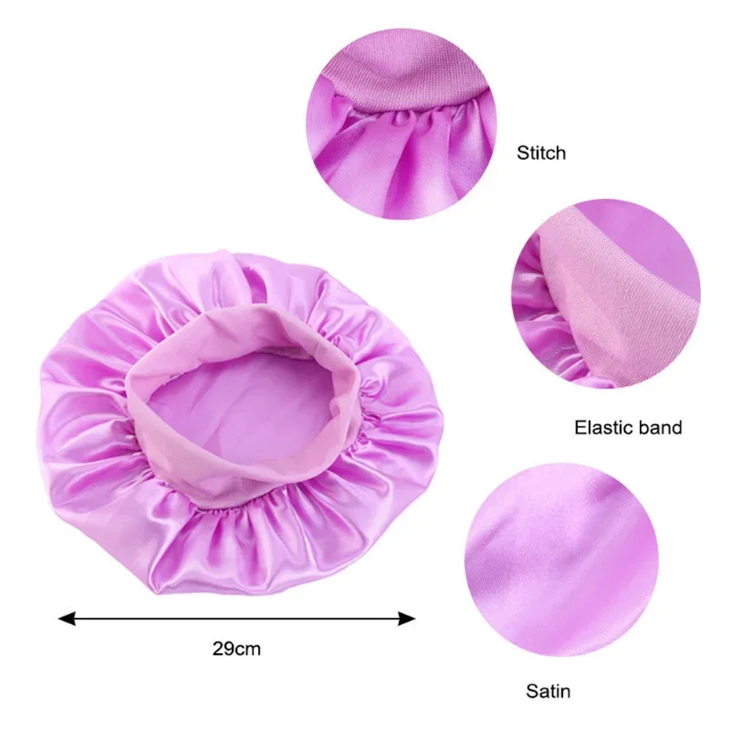 8 Colors Kids Girls Boys Silky Satin Bonnet Cap Turban Hat Wide Elastic Bands Night Sleep Cap