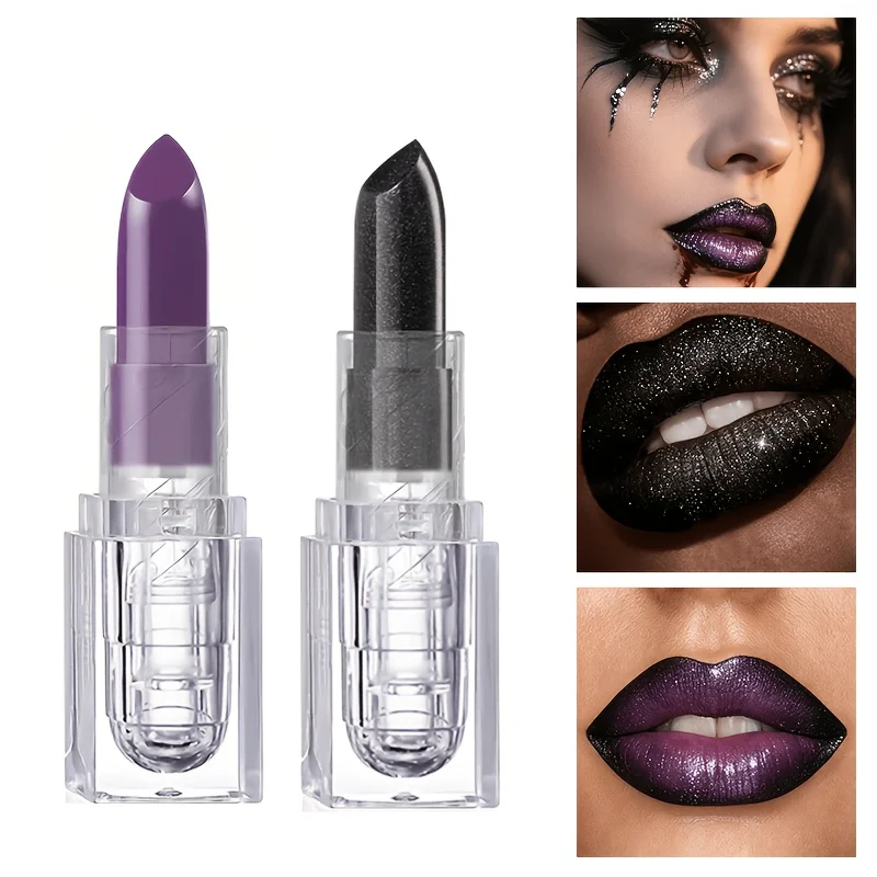 Clear Square Case Glitter Black Matte Purple Lipstick, Halloween Cosplay Stage Creative Dark Lip Makeup