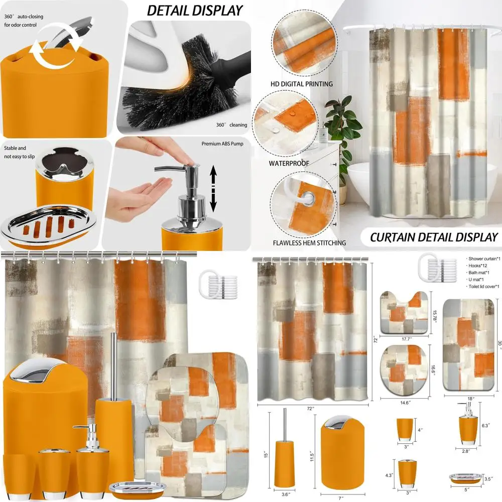 

Orange 23-Piece Bathroom Set: Modern Abstract Decor with Shower Curtain, Rugs, Trash Bin, Toilet Brush Holder, and Soap Dispense
