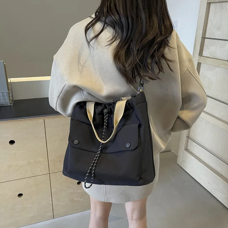 Bolso de hombro de lona con cordón para mujer, bandolera informal, bolso de compras a la moda, bolso de viaje de gran capacidad