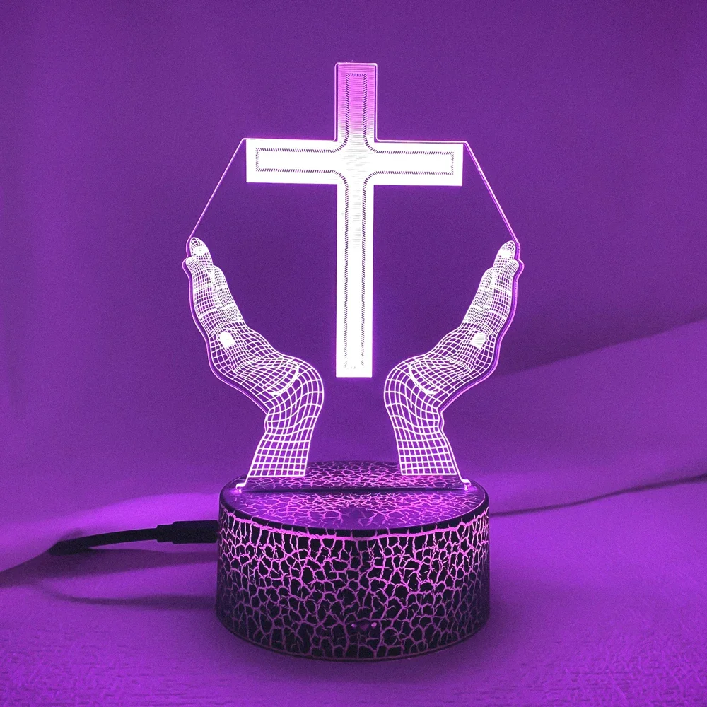 พระเยซู CROSS 3D LED Night Light สําหรับเพื่อนคริสต์มาสอีสเตอร์ตกแต่งห้องของขวัญ Crucifix ภาพลวงตาโคมไฟตั้งโต๊ะ Nightlight