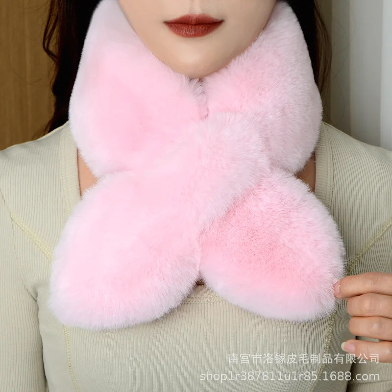 Korean Solid Double Sided Imitation Rabbit Fur Plush Scarf Winter Warm Outdoor Neck Protection Thicken Windproof Women\'s Bib