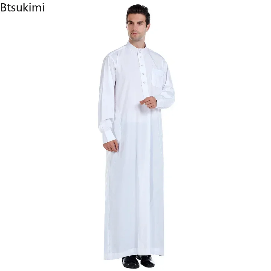 Robe à manches longues pour hommes musulmans du moyen-orient, arabe, col ras du cou, islamique, couleur unie, Kaftan, Thawb, Maxi musulman, dubaï, Abaya