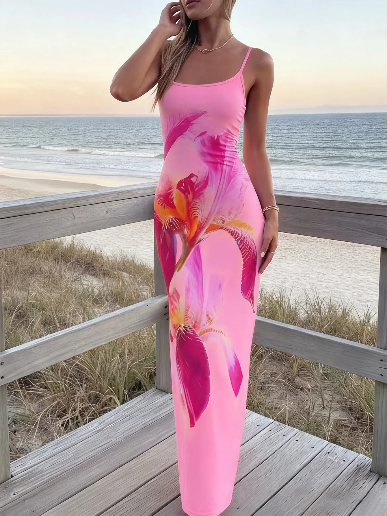 

Women's Knitted Positioning Print Beach Vacation Sexy Spaghetti Strap Dress Party Summer Elegant