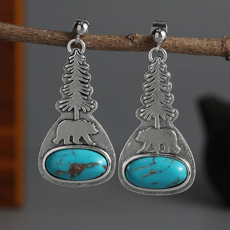 Böhmischer Stil Synthetische Türkis-Ohrhänger für Damen Mode Vintage Handgeschnitzte Strukturierte Urlaubsschmuck-Accessoires