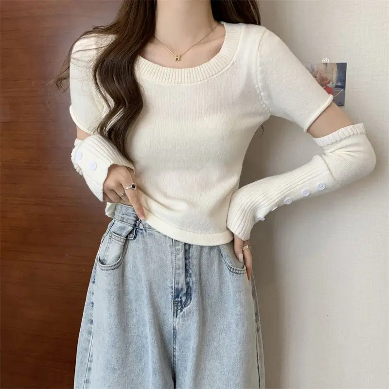 O-neck Knitting Pullovers Autumn Winter Thin Casual Long Sleeve Tops Interior Lapping Sweet Sweaters Women\'s Clothing 2023 New