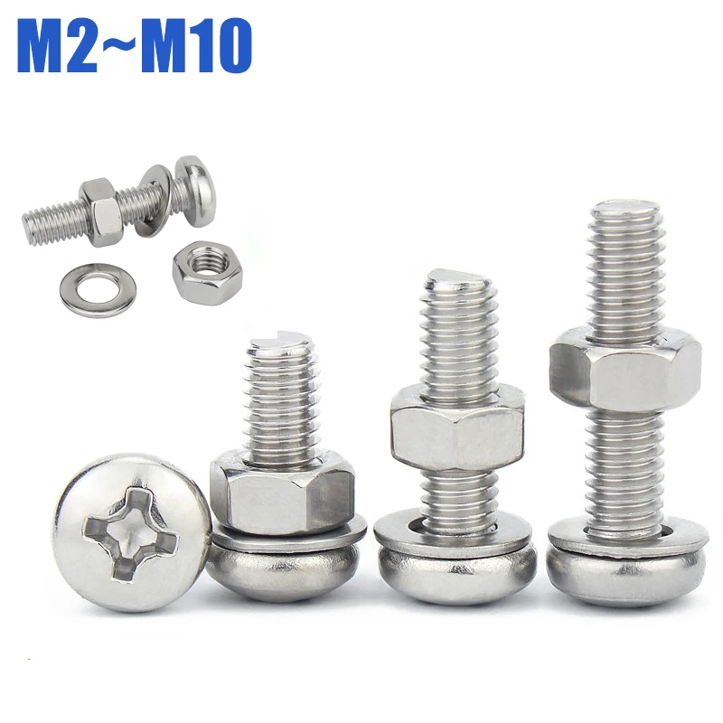 M2 M2.5 M3 M4 M5 M6 M8 M10 3 in 1 Three-Piece Combination 304 A2 Stainless Steel Screw Nut Washer Set Round Head Cross Bolt