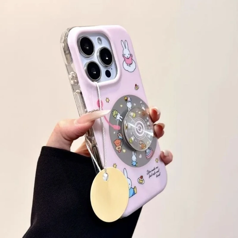 Miffy Kawaii Anime Cartoon Rabbit Mobile Phone Case Rounded Edges Double Layer Rotate Record Miffy For 16promax/iPhone15/14