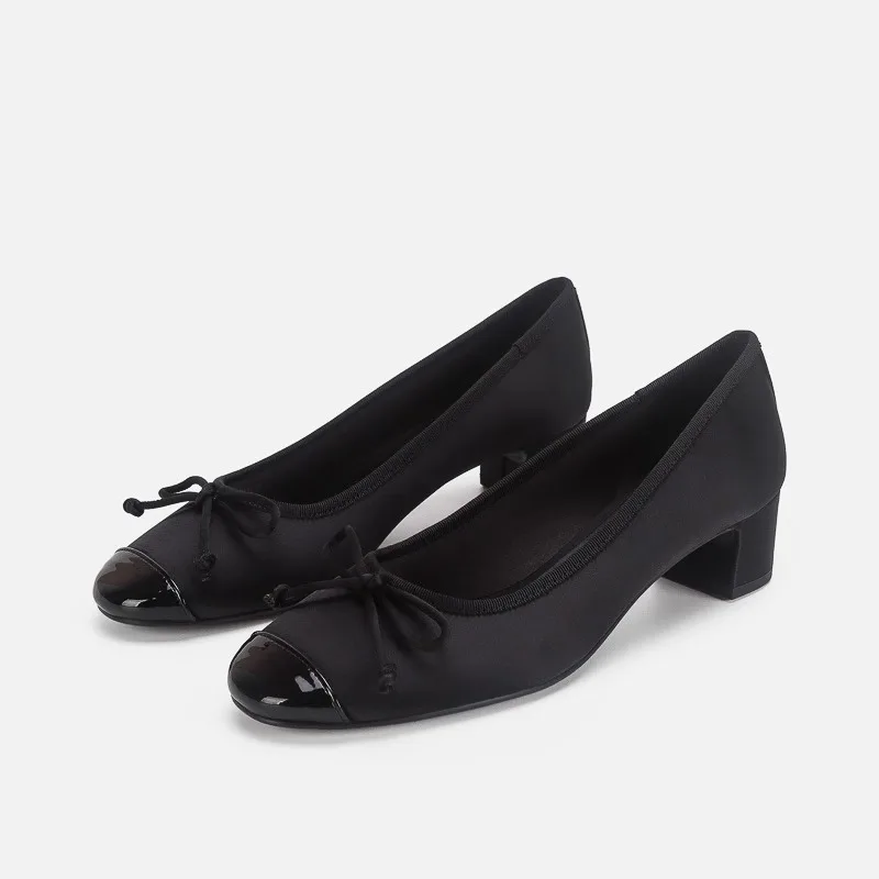 Women's Bowknot Block Heel Ballet Heels Shoes Two-tone Cap Toe Elegant Daily Pumps Black Silver Ballet Style Office Dress Shoes