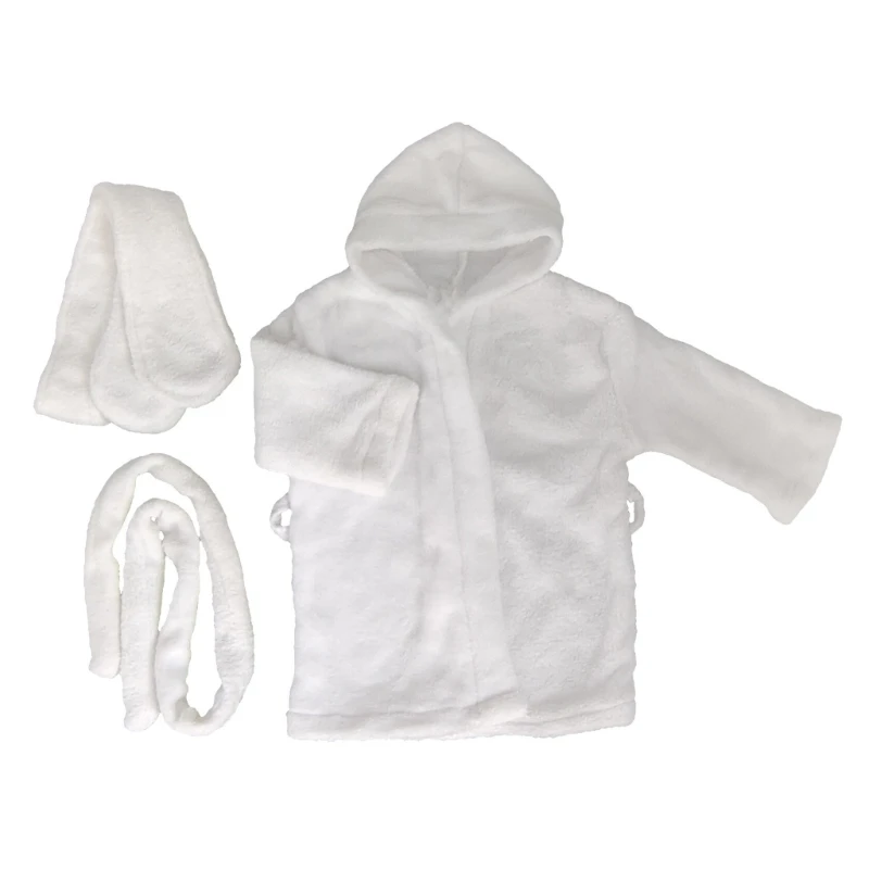 3Pcs White Newborn Photography Outfit Coral Fleece Bathrobe with Headwear and Waist Belt, Infant Robe Set for 0-3 Months