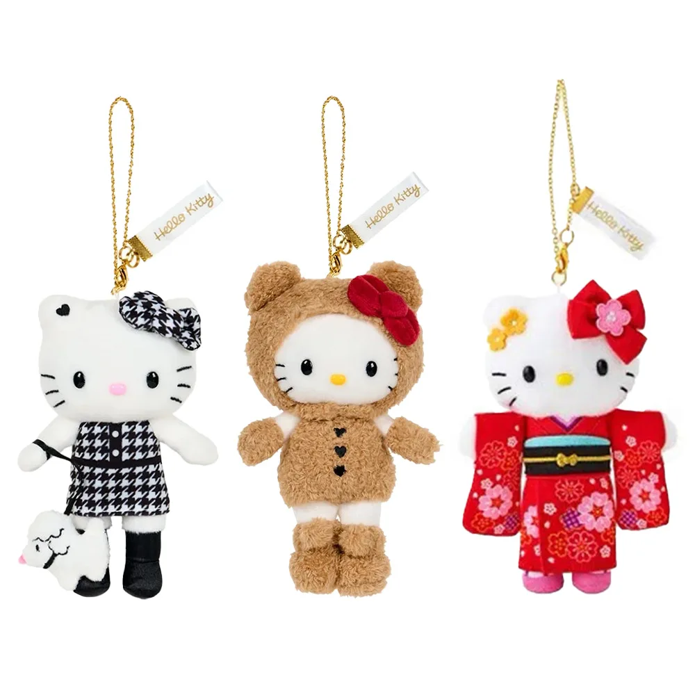 Cute Sanrios Long Legs Hello Kitty Bear Kimono Houndstooth Anime Kawaii Plush Doll Girl Bag Pendant Cartoon Keychain Decoration