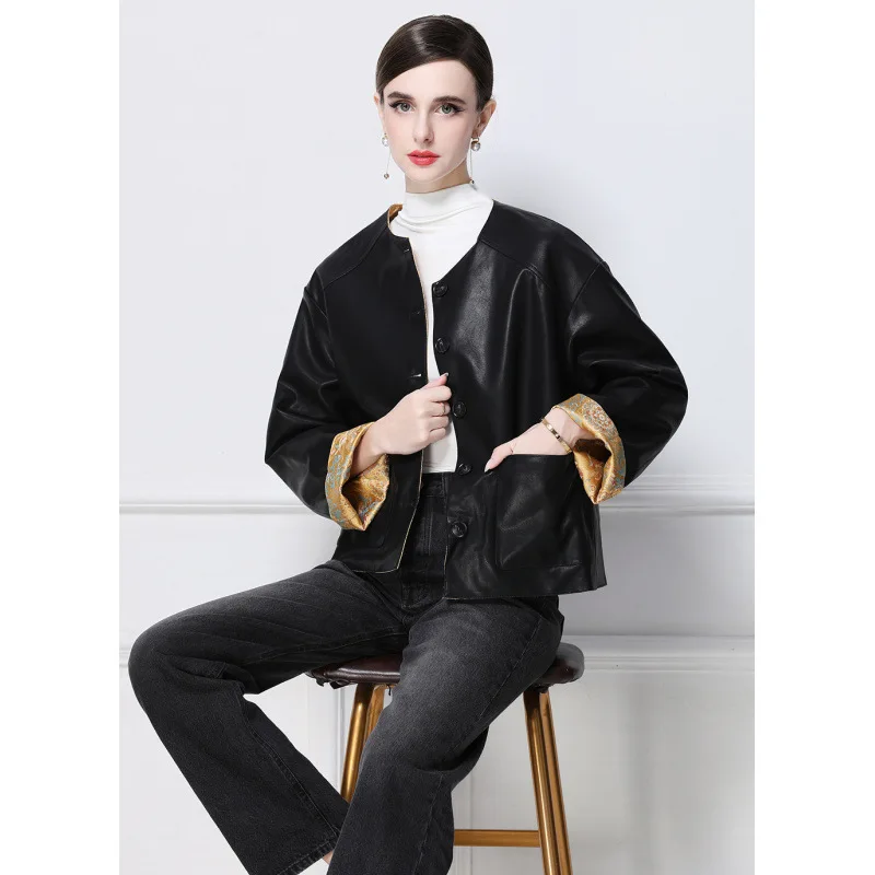 

Double-Sided Wearable PU Leather Jaet Street Sle Stand Fit Long Sve Fake Fur Neutral Outerwear for Women