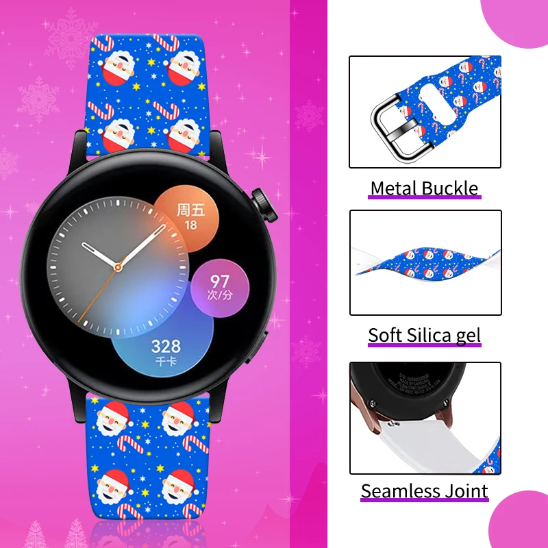 20mm 22mm Christmas 4 Printed Strap for Samsung Galaxy 6/5 40mm 44mm 4Classic 46mm Replaceable Bracelet for Amazfit Watchband