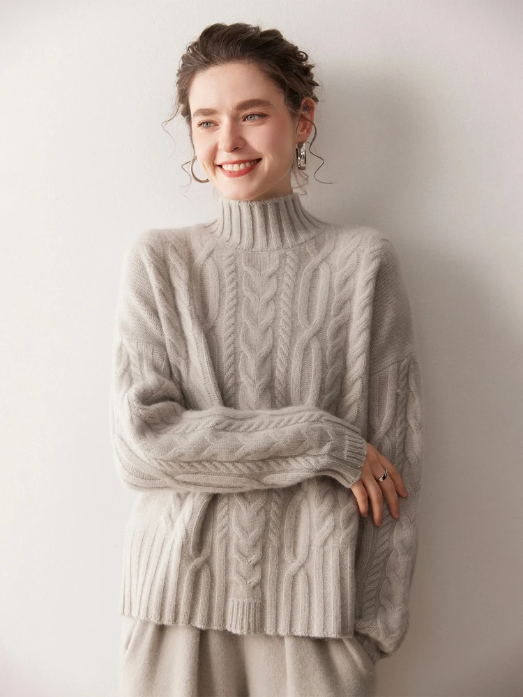 

MEETCC женский 100% кашемировый пуловер с воротником-стойкой, вязаный свободный свитер, осень-зима, мягкие теплые уютные толстые топы с длинными рукавами