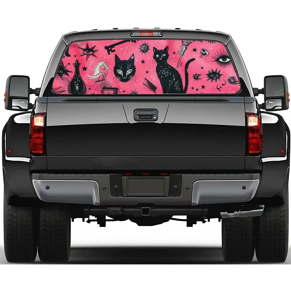 

Волшебный розовый кот, причудливые перфорированные автомобильные виниловые обертывания из ПВХ, улучшающий конфиденциальность дизайн для заднего окна, наклейка на заднее лобовое стекло автомобиля для