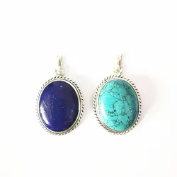 Tibetan White Metal Copper Pendants Cyan Navy Oval Pendants TBP759