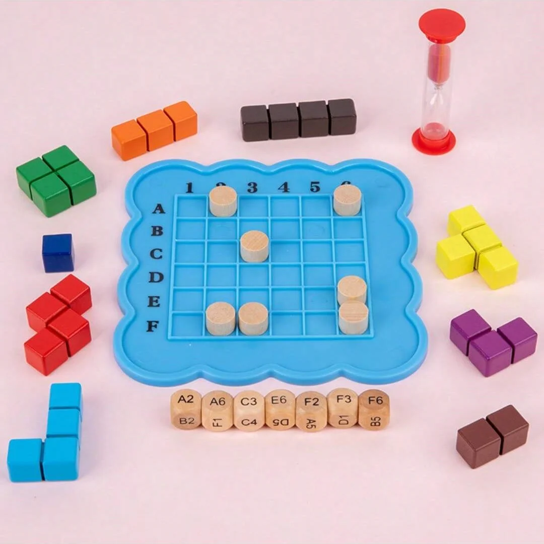 Logic cube, interactive board game, wooden block puzzles, colourful 3D blocks with dice and hourglasses!