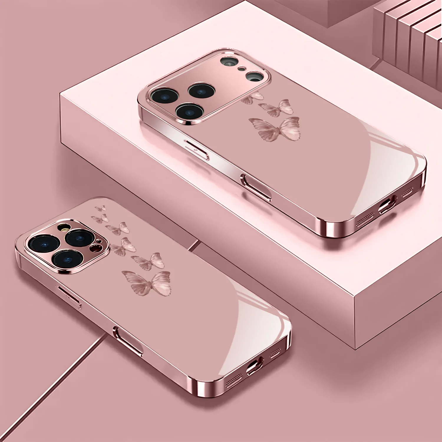 Butterfly pattern rose gold/ electroplated pink phone case cover, suitable for iPhone 17/16/15/14/13/12/11, etc.