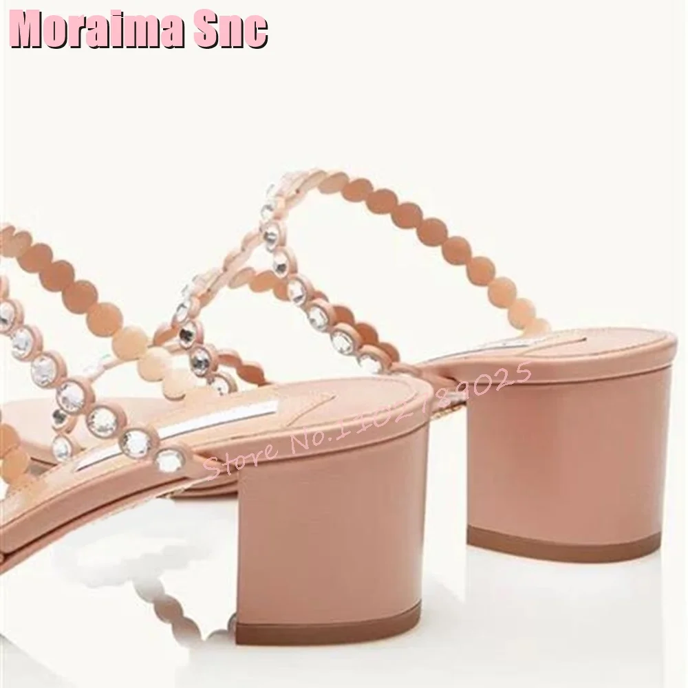 Crystal Hollow Thong Strap Slippers Round Open Toe Block Mid Heel Slip On Women Shoes Summer Slides Nude Solid Sexy Casual 2023