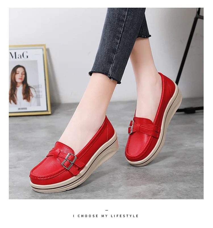 Women Flats Shoes Casual Platform Loafers Ladies Thick Sole Wedge Heels Round Toe Metal Button Female Single Footwear Mom Shoes