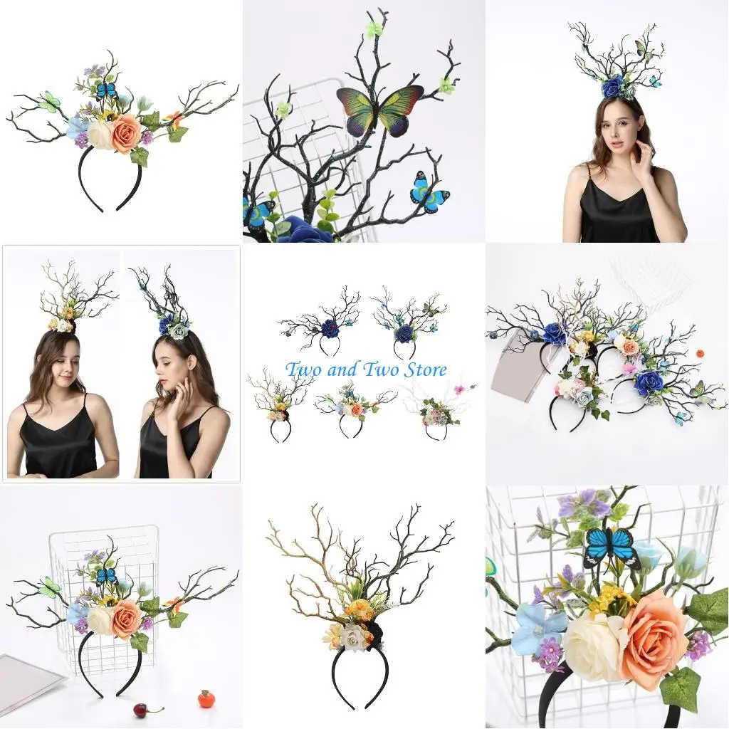 

HX6F Punk Headband with Butterfly for Girls Birthday Theme Parties Photo Props Antlers Headband Black Horn Hair Hoop