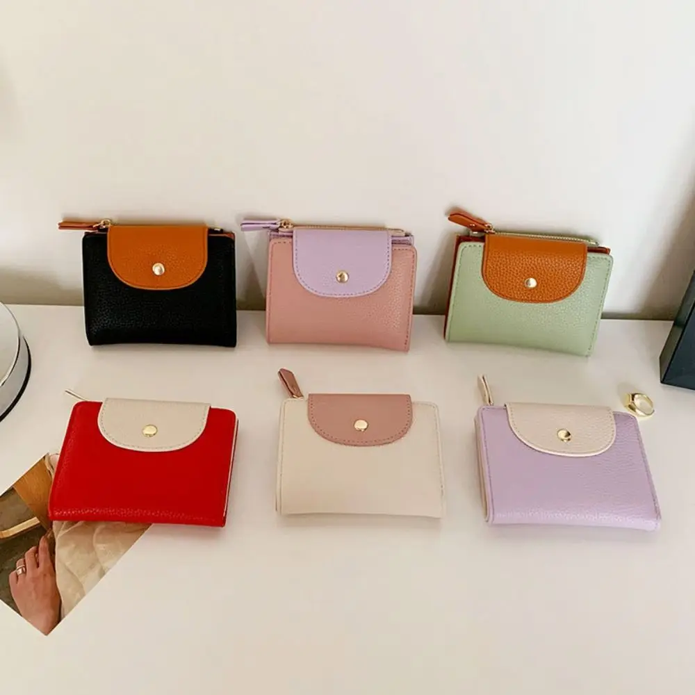 Portable Zipper Contrast Color Wallet Snap Button Solid Color Solid Color Coin Purse Storage Bag Wallets PU Card Holder Student