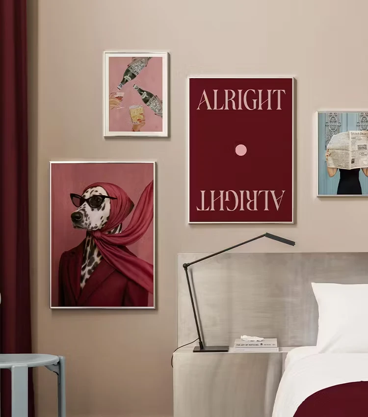 Dalmatian Canvas Painting Modern Abstract Dog with Red Scarf and Burgundy Cherries Wall Art Print Poster Living Room Decor
