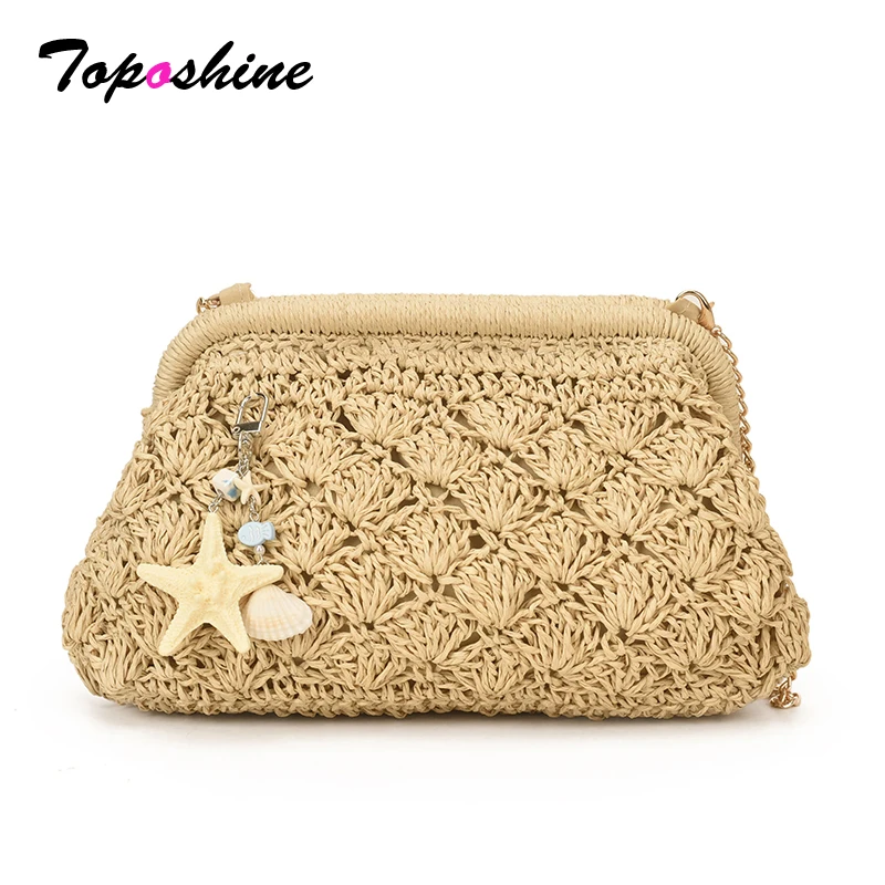 

Toposhine Women's Woven Straw Clutch Handbag Bohemian Starfish Shell Pendant Chain Shoulder Bag for Beach Vacation Summer Purse
