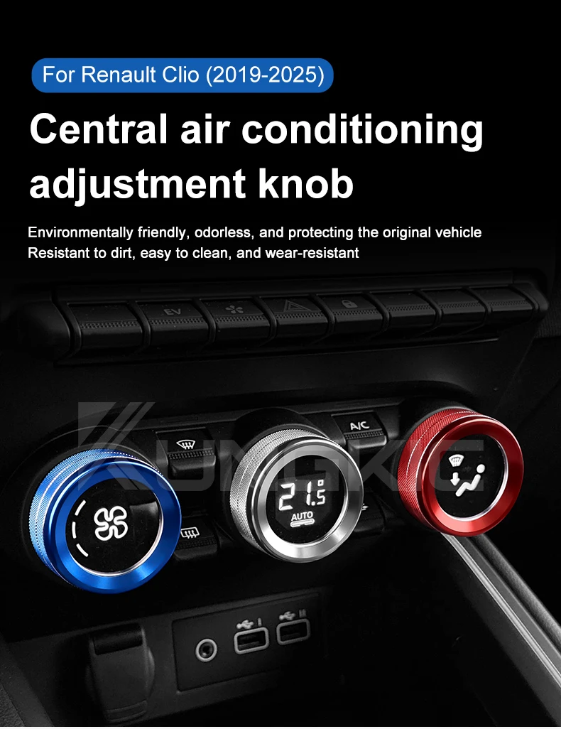 Für Renault Clio 5 2019 2020 2021 2022 2023 2024 2025 Dreifarbige AC-Einstellknopfringe ﻿ Zentrales Zubehör – Detail 1