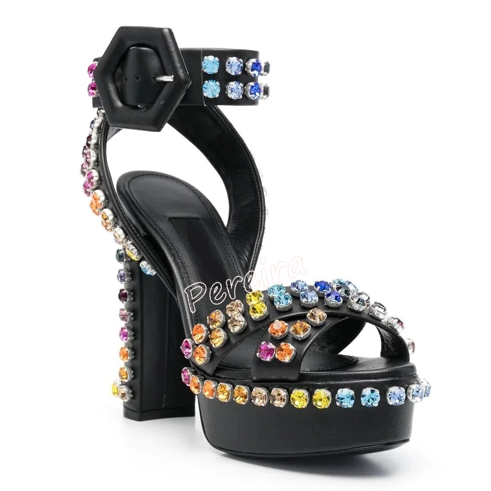 Summer Colorful Rhinestone Sandals New Arrival Women Ankle Strap Buckle Chunky Heel Round Toe Footwear Fashion Party Shoes