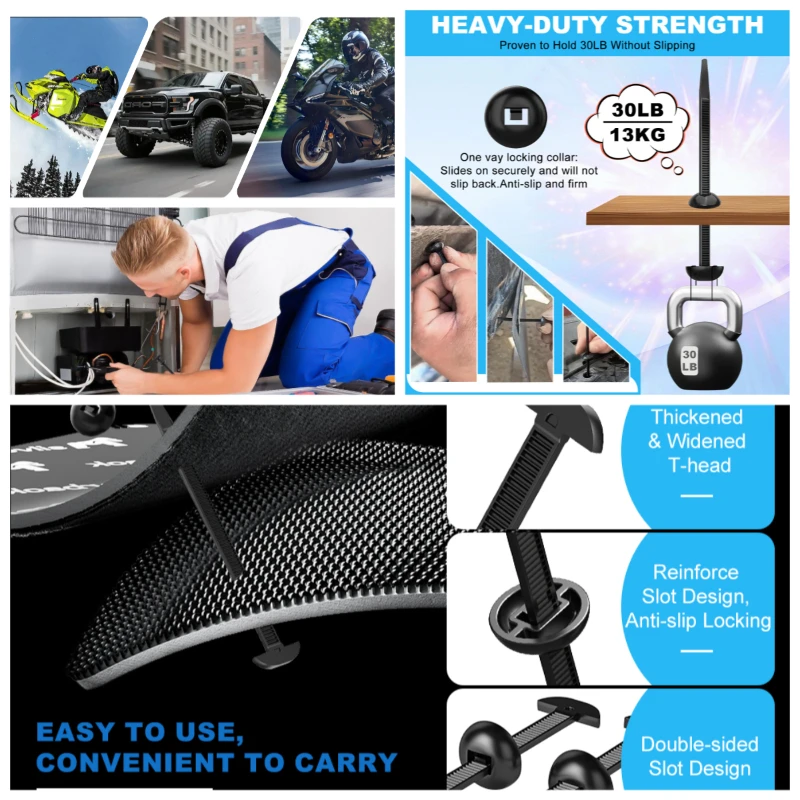 Nylon Universal Cable Tie Buckle Heavy Duty Self-Locking Zip Ties Holder with Pin Fasteners Car Body UV Resistant Zipties
