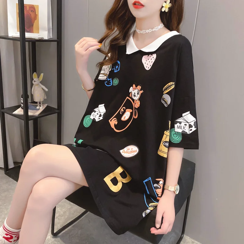 Topy T-shirt damski lato Kawaii graficzne Pulovers moda Casual Plus rozmiar T Shirt Midi ubrania z krótkim rękawem koreański luźny