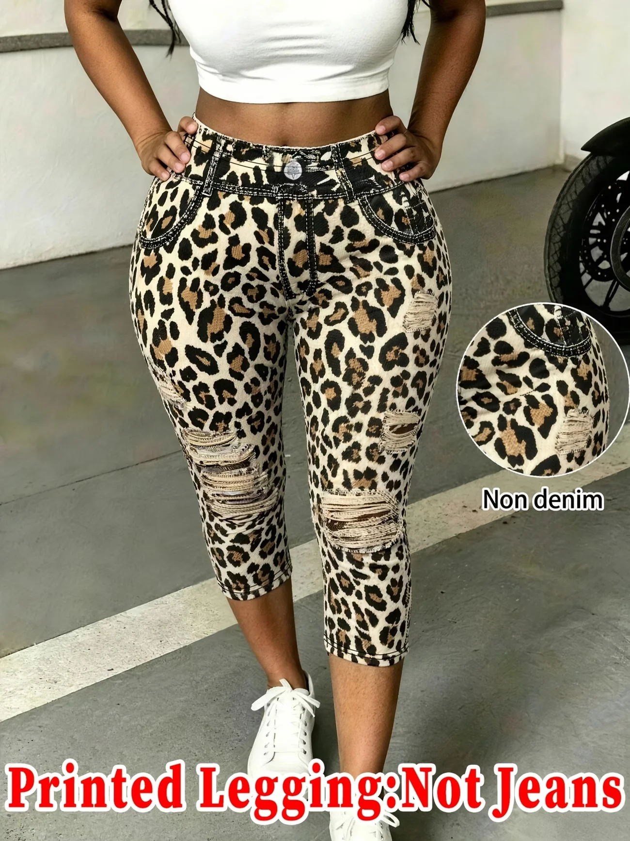Printed 7‑Capri Leggings, Non‑Denim Fabric, Full‑Print Faux‑Jeans Look, Fake Pocket & Button Print, High‑Stretch Slim‑Fit Pants,